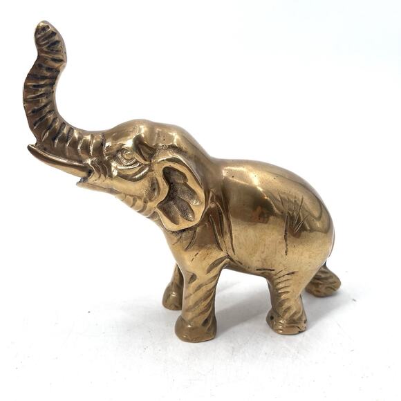Vintage Solid Brass Elephant Figurine - Trunk Up For Good Luck - Picture 1 of 13